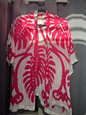Open-Front Pink and White Printed Tunic Kimono